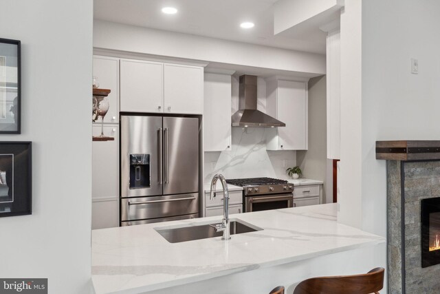 625 Slaters Ln Unit 201, Alexandria, VA 22314 - kitchen with wall chimney exhaust hood, stainless steel appliances, a sink, light stone counters, and a glass covered fireplace