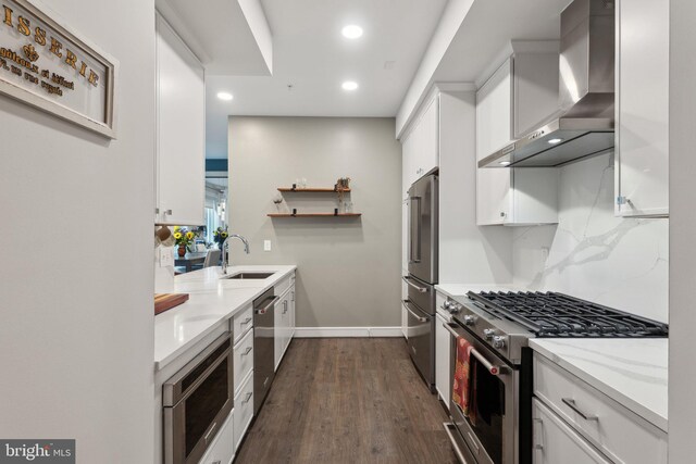 625 Slaters Ln Unit 201, Alexandria, VA 22314 - kitchen featuring wall chimney range hood, high end appliances, a sink, white cabinetry, and backsplash