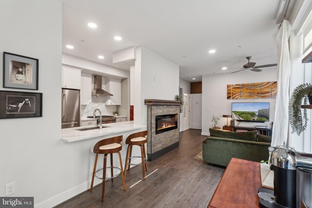 625 Slaters Ln Unit 201, Alexandria, VA 22314 - living room featuring ceiling fan, recessed lighting, baseboards, a stone fireplace, and dark wood-style floors