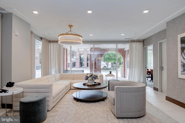 625 Slaters Ln Unit 201, Alexandria, VA 22314 - tiled living area featuring wallpapered walls and baseboards