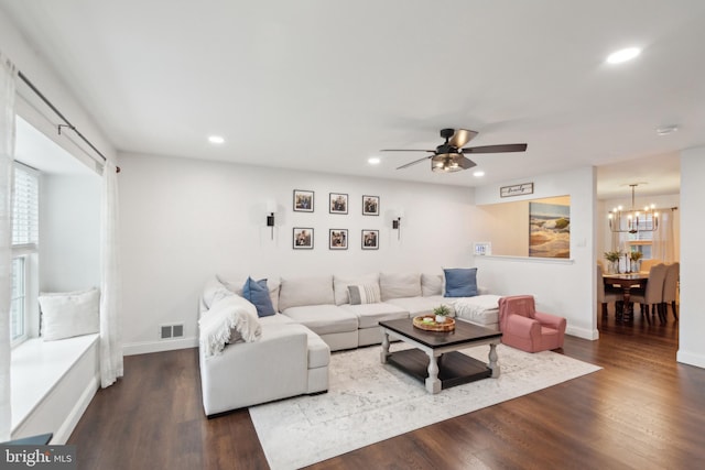 603 Lindsley Ct, Burlington, NJ 08016 - living area with a chandelier, recessed lighting, ceiling fan, wood finished floors, and baseboards
