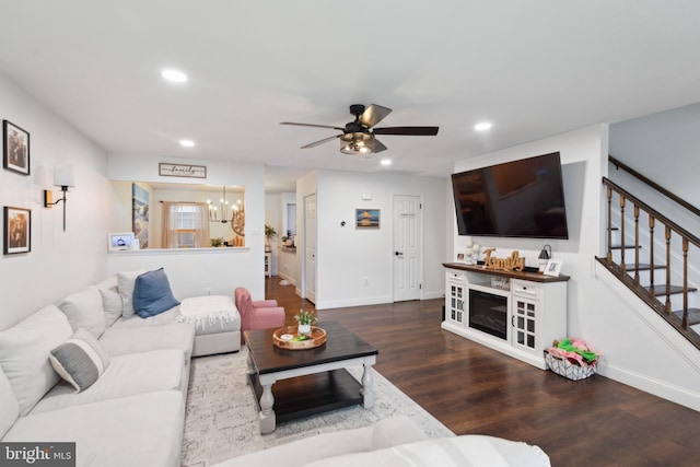 603 Lindsley Ct, Burlington, NJ 08016 - living room featuring stairs, recessed lighting, wood finished floors, ceiling fan, and a chandelier