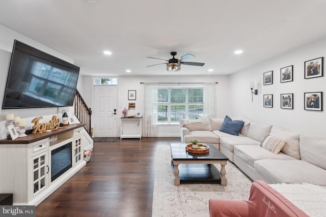 603 Lindsley Ct, Burlington, NJ 08016 - living area with stairs, dark wood finished floors, recessed lighting, and ceiling fan