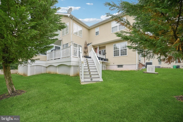 14201 Village Manor Ct, Upper Marlboro, MD 20774 - rear view of house featuring central AC unit, stairway, a yard, and a wooden deck