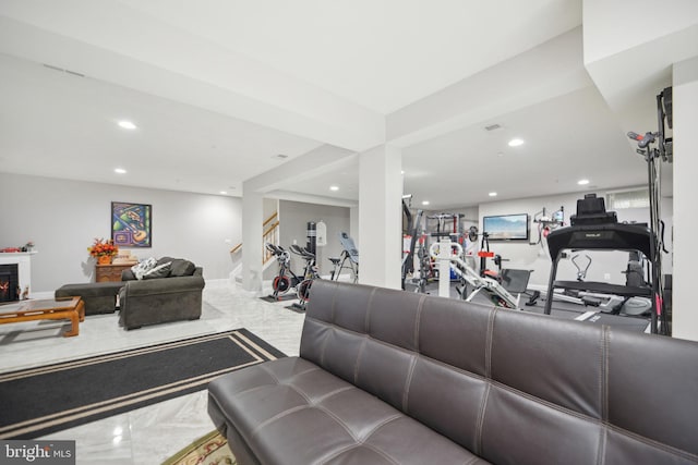 14201 Village Manor Ct, Upper Marlboro, MD 20774 - exercise room with marble tiled floors, recessed lighting, and baseboards