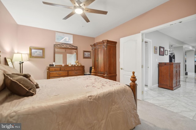 14201 Village Manor Ct, Upper Marlboro, MD 20774 - bedroom featuring ceiling fan, light marble finish floors, vaulted ceiling, and baseboards