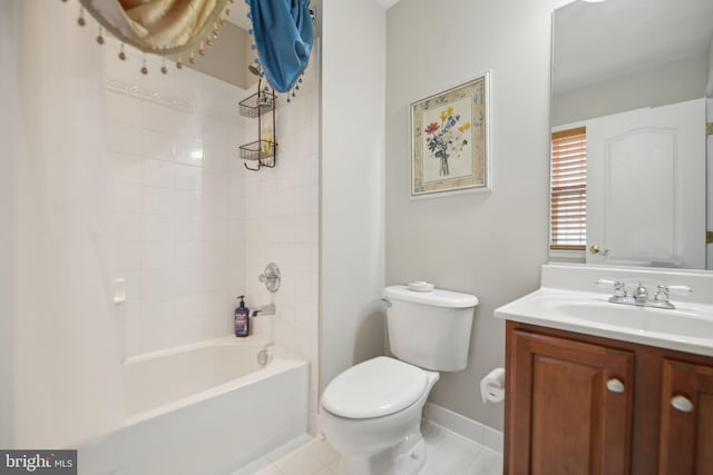 14201 Village Manor Ct, Upper Marlboro, MD 20774 - bathroom with vanity, toilet, shower / bath combination with curtain, tile patterned floors, and baseboards