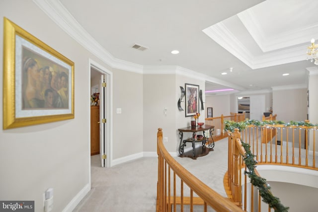 14201 Village Manor Ct, Upper Marlboro, MD 20774 - hallway featuring an upstairs landing, crown molding, light carpet, recessed lighting, and baseboards