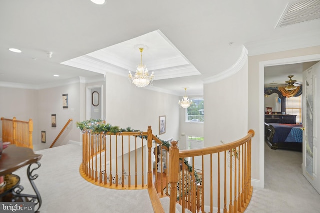 14201 Village Manor Ct, Upper Marlboro, MD 20774 - hallway with an upstairs landing, ornamental molding, a chandelier, carpet flooring, and baseboards