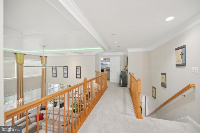 14201 Village Manor Ct, Upper Marlboro, MD 20774 - hallway with an upstairs landing, ornamental molding, and light carpet