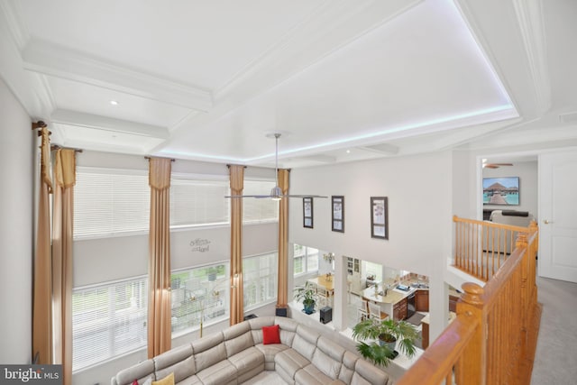 14201 Village Manor Ct, Upper Marlboro, MD 20774 - living area with beamed ceiling, healthy amount of natural light, carpet floors, coffered ceiling, and crown molding