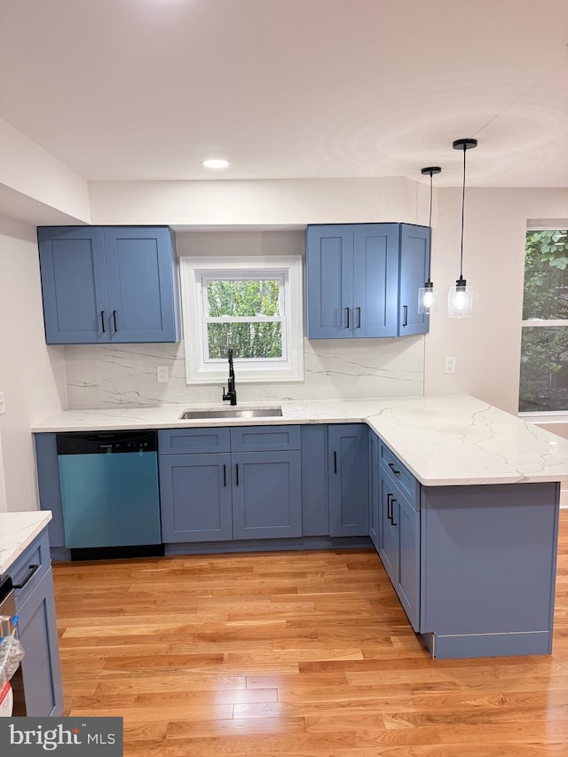 114 Marshall Rd, Lansdowne, PA 19050 - kitchen featuring dishwasher, a sink, a peninsula, blue cabinets, and recessed lighting