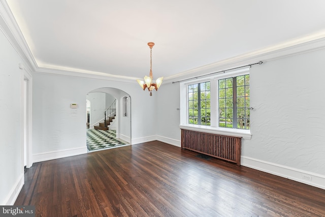 1201 Grenox Rd, Wynnewood, PA 19096 - empty room with radiator, arched walkways, a chandelier, wood finished floors, and ornamental molding