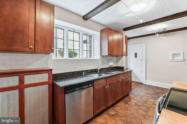 1201 Grenox Rd, Wynnewood, PA 19096 - kitchen with dishwasher, beam ceiling, tasteful backsplash, electric stove, and baseboards