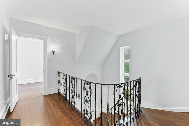 1201 Grenox Rd, Wynnewood, PA 19096 - corridor with an upstairs landing, wood finished floors, baseboards, and vaulted ceiling