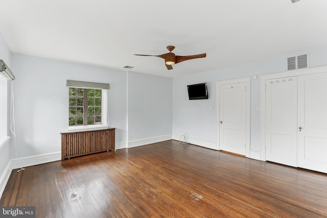 1201 Grenox Rd, Wynnewood, PA 19096 - unfurnished bedroom featuring radiator, hardwood / wood-style floors, baseboards, and a ceiling fan