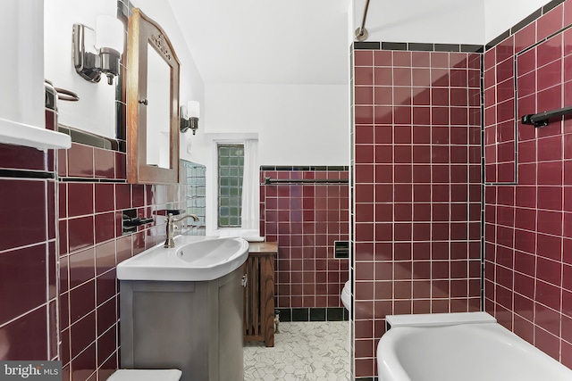 1201 Grenox Rd, Wynnewood, PA 19096 - bathroom featuring tile walls, vanity, tile patterned flooring, shower / bathtub combination, and wainscoting