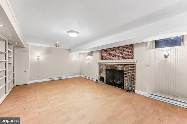 1201 Grenox Rd, Wynnewood, PA 19096 - unfurnished living room featuring baseboard heating, baseboards, wood finished floors, and a brick fireplace
