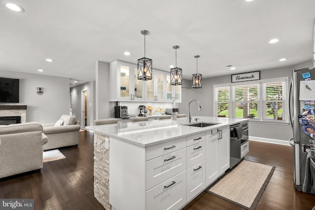 2302 Solmar Dr, Silver Spring, MD 20904 - kitchen featuring a sink, dishwasher, recessed lighting, dark wood-style floors, and open floor plan