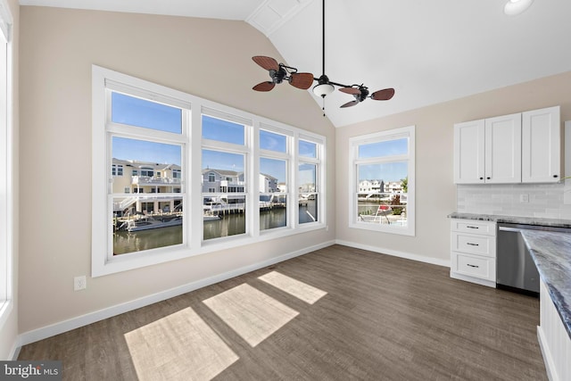1169 Jennifer Ln, Manahawkin, NJ 08050 - kitchen featuring vaulted ceiling, dishwasher, ceiling fan, dark wood-type flooring, and white cabinets