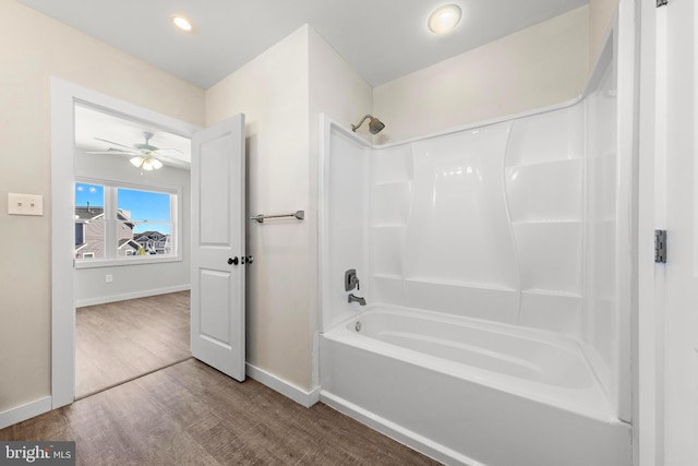 1169 Jennifer Ln, Manahawkin, NJ 08050 - full bath featuring a ceiling fan, shower / bathtub combination, wood finished floors, baseboards, and recessed lighting
