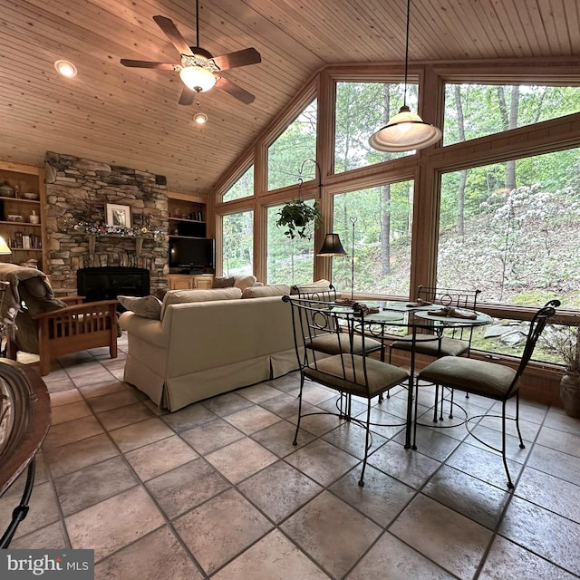 8201 Michaux Dr, Fayetteville, PA 17222 - living area featuring wood ceiling, high vaulted ceiling, ceiling fan, stone tile flooring, and a stone fireplace
