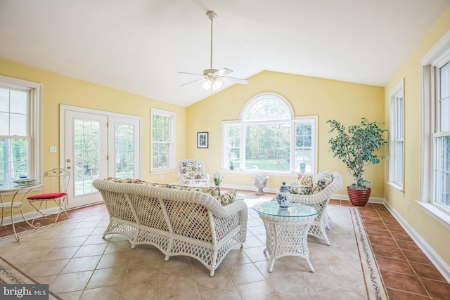 40801 Kiskadee Ln, Leonardtown, MD 20650 - living room with ceiling fan, vaulted ceiling, tile patterned floors, and baseboards