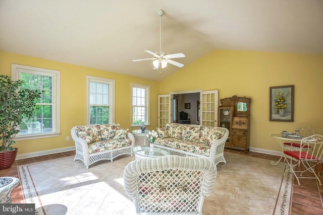40801 Kiskadee Ln, Leonardtown, MD 20650 - living area featuring ceiling fan, healthy amount of natural light, light tile patterned flooring, and lofted ceiling