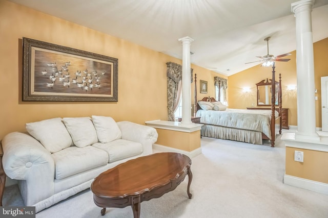 40801 Kiskadee Ln, Leonardtown, MD 20650 - carpeted bedroom featuring ornate columns, baseboards, and vaulted ceiling