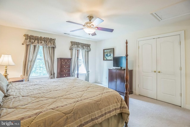 40801 Kiskadee Ln, Leonardtown, MD 20650 - bedroom with a closet, light colored carpet, a ceiling fan, attic access, and baseboards