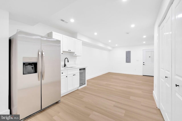 5318 5th St NW, Washington, DC 20011 - kitchen featuring fridge with ice dispenser, a sink, white cabinets, light wood-style floors, and electric panel