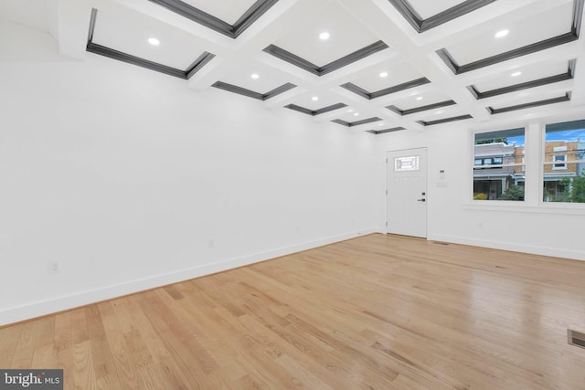 5318 5th St NW, Washington, DC 20011 - empty room with beam ceiling, coffered ceiling, wood finished floors, baseboards, and recessed lighting