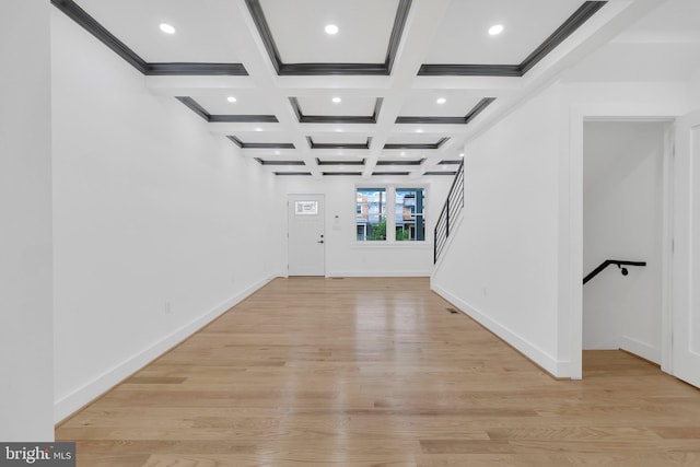 5318 5th St NW, Washington, DC 20011 - entrance foyer featuring beamed ceiling, coffered ceiling, recessed lighting, light wood-type flooring, and baseboards