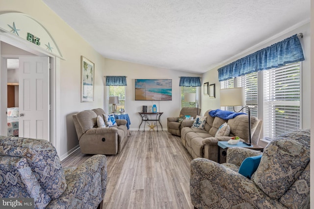 30 Turtle Dove Dr, Rehoboth Beach, DE 19971 - living room with vaulted ceiling, a textured ceiling, wood finished floors, baseboards, and healthy amount of natural light