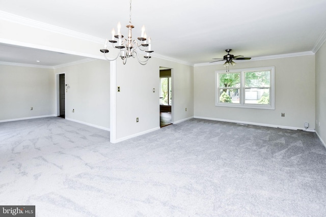 1222 Kings Tree Dr, Bowie, MD 20721 - unfurnished living room with carpet flooring, a chandelier, ornamental molding, baseboards, and ceiling fan