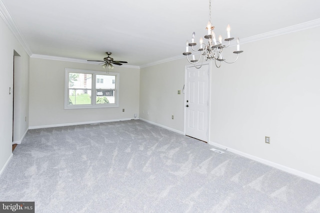 1222 Kings Tree Dr, Bowie, MD 20721 - spare room featuring ornamental molding, a chandelier, carpet flooring, baseboards, and ceiling fan