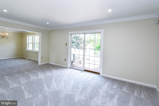 1222 Kings Tree Dr, Bowie, MD 20721 - carpeted empty room featuring a chandelier, crown molding, baseboards, and recessed lighting
