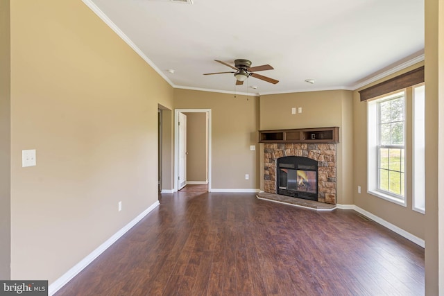 35 Dapple Gray Ln, Dover, DE 19904 - unfurnished living room featuring wood finished floors, ceiling fan, baseboards, a fireplace, and ornamental molding