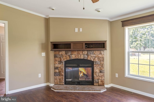 35 Dapple Gray Ln, Dover, DE 19904 - detailed view of wood finished floors, crown molding, baseboards, and a fireplace