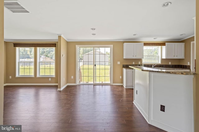 35 Dapple Gray Ln, Dover, DE 19904 - kitchen featuring white cabinets, ornamental molding, dark wood-style flooring, baseboards, and open floor plan