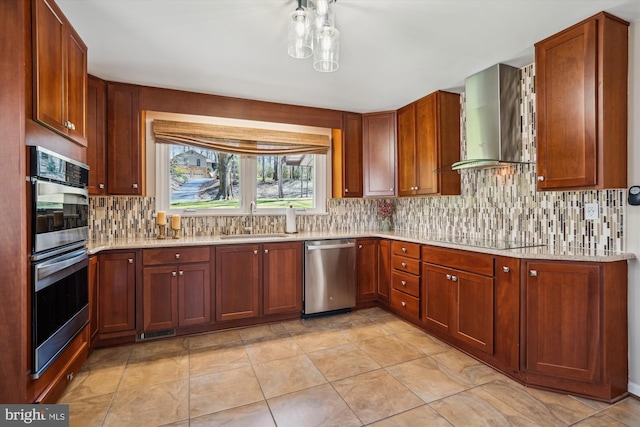 13925 Wayside Dr, Clarksville, MD 21029 - kitchen featuring stainless steel appliances, a sink, wall chimney range hood, tasteful backsplash, and light stone countertops