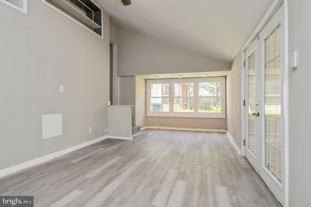 2336 Auburn Ave, Atco, NJ 08004 - unfurnished living room featuring wood finished floors, a ceiling fan, baseboards, and high vaulted ceiling