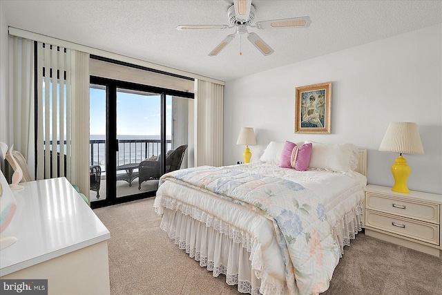 11100 Coastal Hwy Unit 904, Ocean City, MD 21842 - bedroom with light colored carpet, access to exterior, a textured ceiling, and a water view