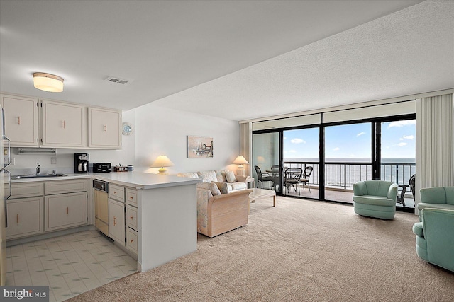 11100 Coastal Hwy Unit 904, Ocean City, MD 21842 - kitchen featuring open floor plan, a peninsula, dishwasher, light colored carpet, and floor to ceiling windows