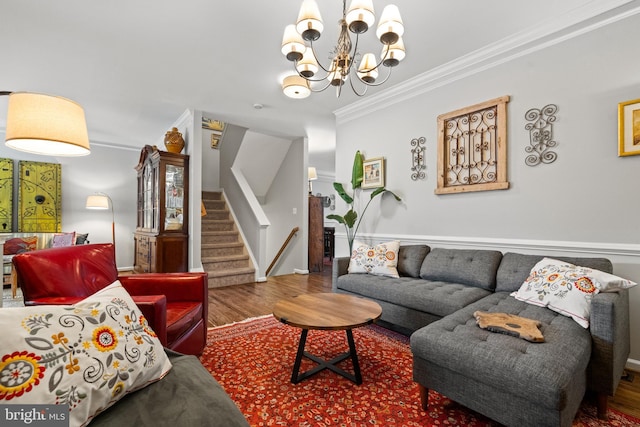 43614 Dunhill Cup Sq, Ashburn, VA 20147 - living area with wood finished floors, stairway, a chandelier, and ornamental molding