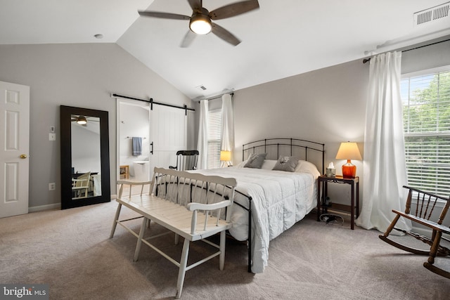 43614 Dunhill Cup Sq, Ashburn, VA 20147 - bedroom with carpet floors, a barn door, and vaulted ceiling
