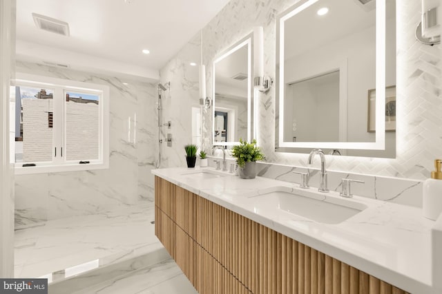 1202 Eton Ct NW Unit T3, Washington, DC 20007 - full bathroom with double vanity, marble finish floors, and recessed lighting