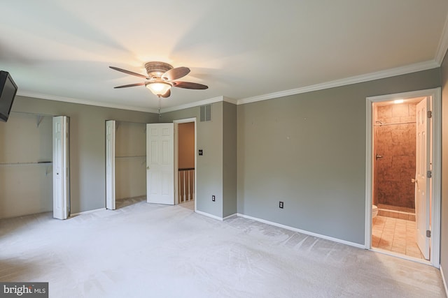 3942 Forest Valley Rd, Baltimore, MD 21234 - unfurnished bedroom featuring multiple closets, ornamental molding, light carpet, connected bathroom, and a ceiling fan