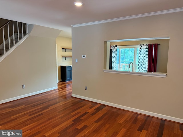 3942 Forest Valley Rd, Baltimore, MD 21234 - unfurnished room with crown molding, wood finished floors, stairway, and recessed lighting