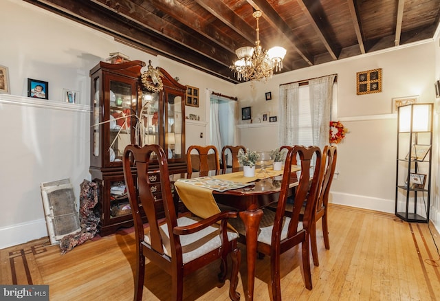 28 Chestnut St, Salem, NJ 08079 - dining area with wooden ceiling with exposed beams, a chandelier, light wood-type flooring, and baseboards